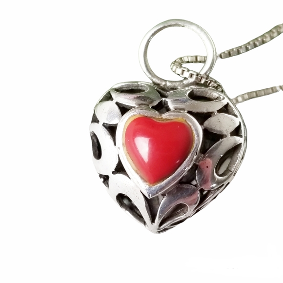 925 Sterling Silver Openwork 3-D Heart w/ Carnelian Gemstone Pendant Necklace - Picture 2 of 8